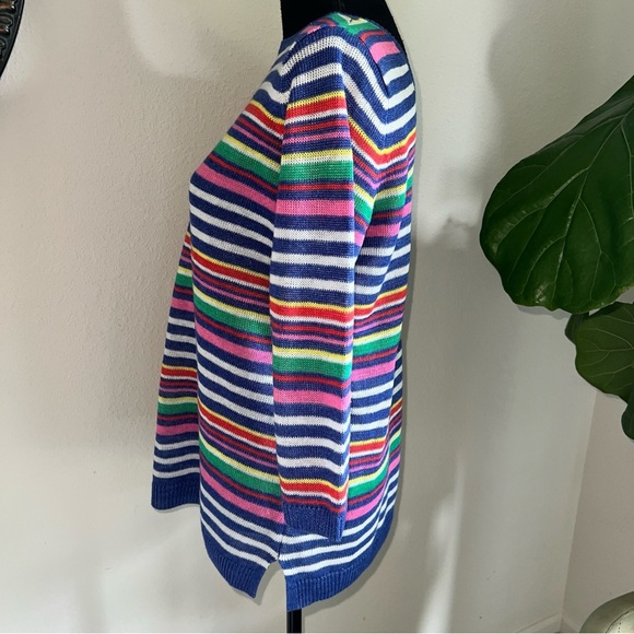 Talbots Petunia Striped 100% Linen Crewneck Sweater Ribbed Hem Side Slits MP - Picture 6 of 12